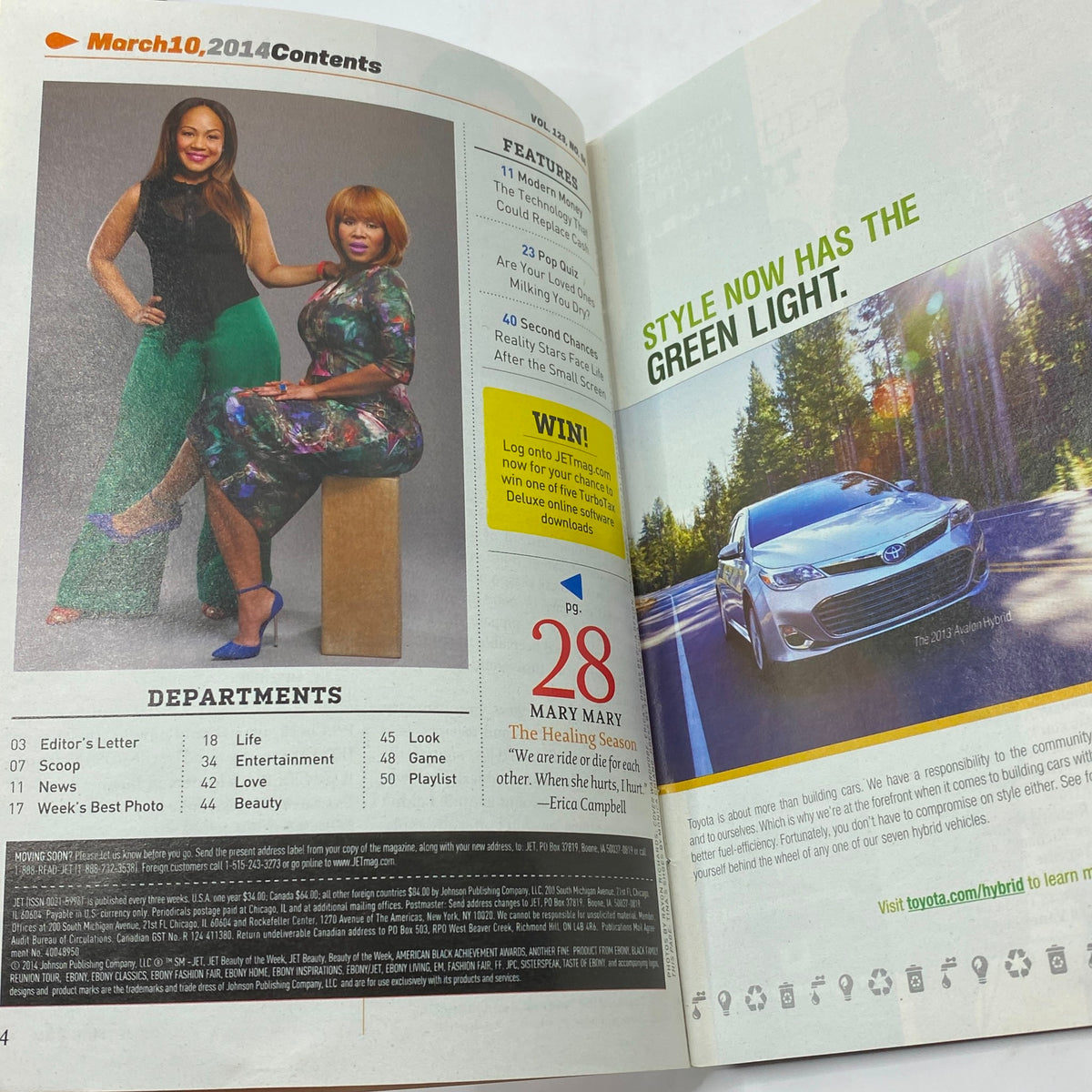 Inside spread of Jet Magazine March 10, 2014 highlighting the contents with Mary Mary posing elegantly, accompanied by vibrant advertisements.