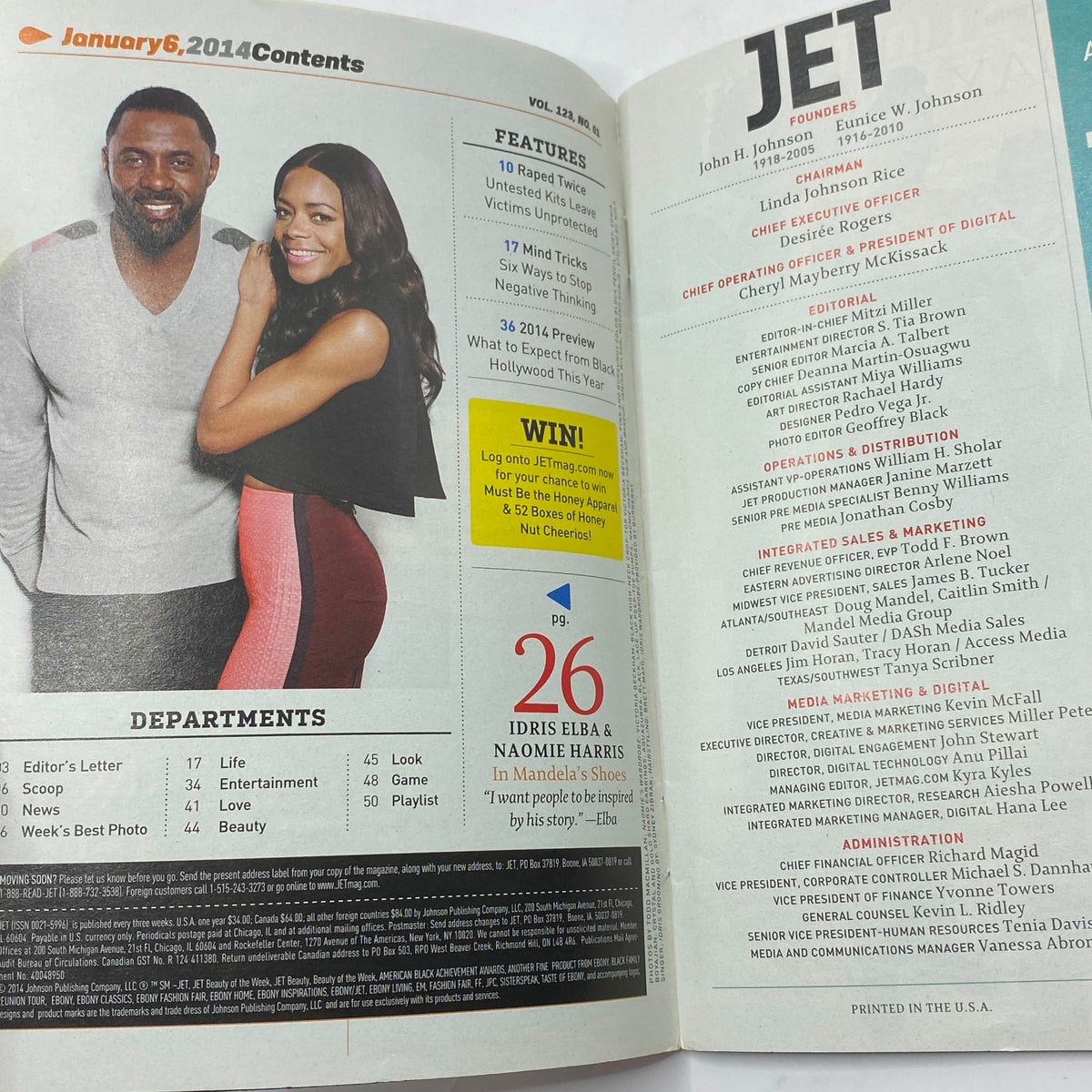 Interior page of Jet Magazine January 6, 2014 showcasing the contents list, including featured stories on Idris Elba and Naomi Harris, along with other entertainment highlights.