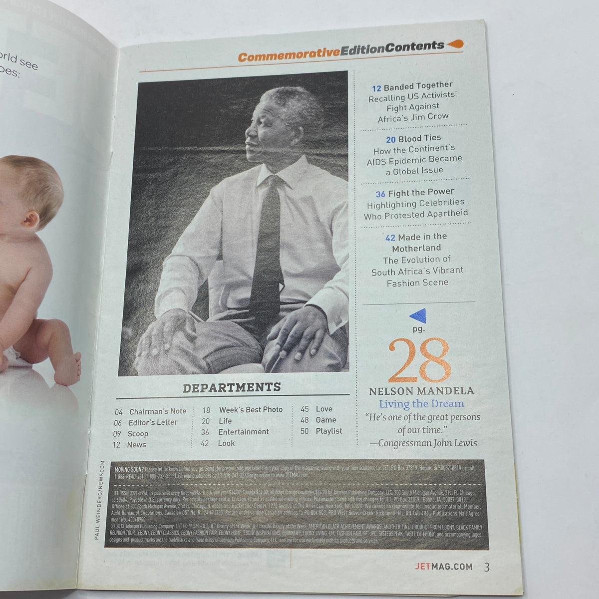 Inside page from Jet Magazine Commemorative Edition 2013, featuring a portrait of Nelson Mandela, highlighting his contributions and legacy with a table of contents for the issue.