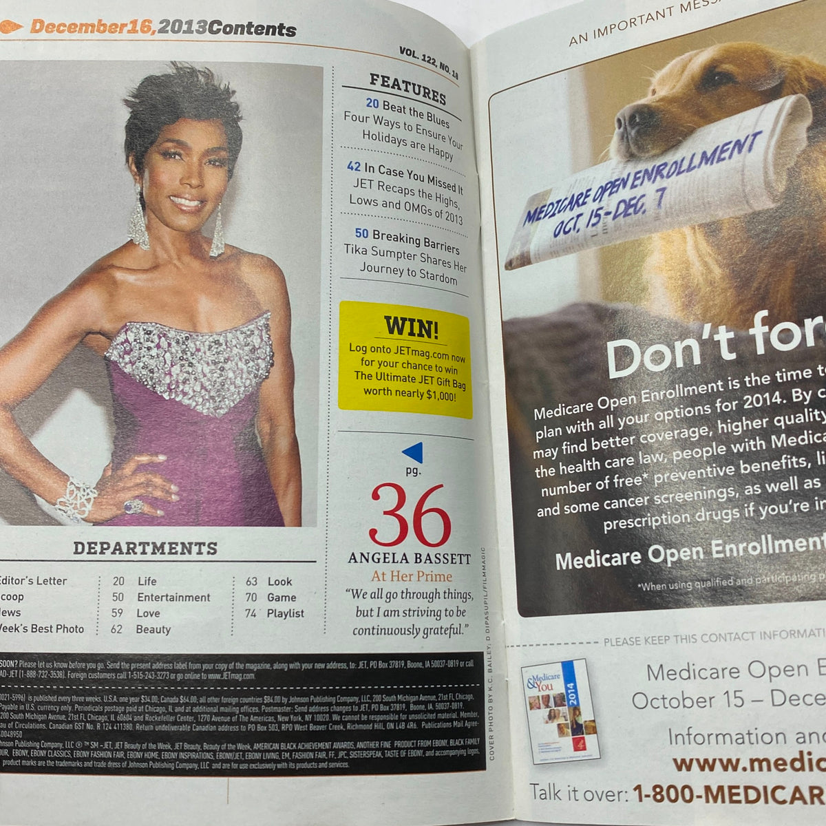 Inside page of Jet Magazine December 16, 2013 with a feature on Angela Bassett, including details of her interview and other articles, emphasizing the magazine's content related to culture and entertainment.