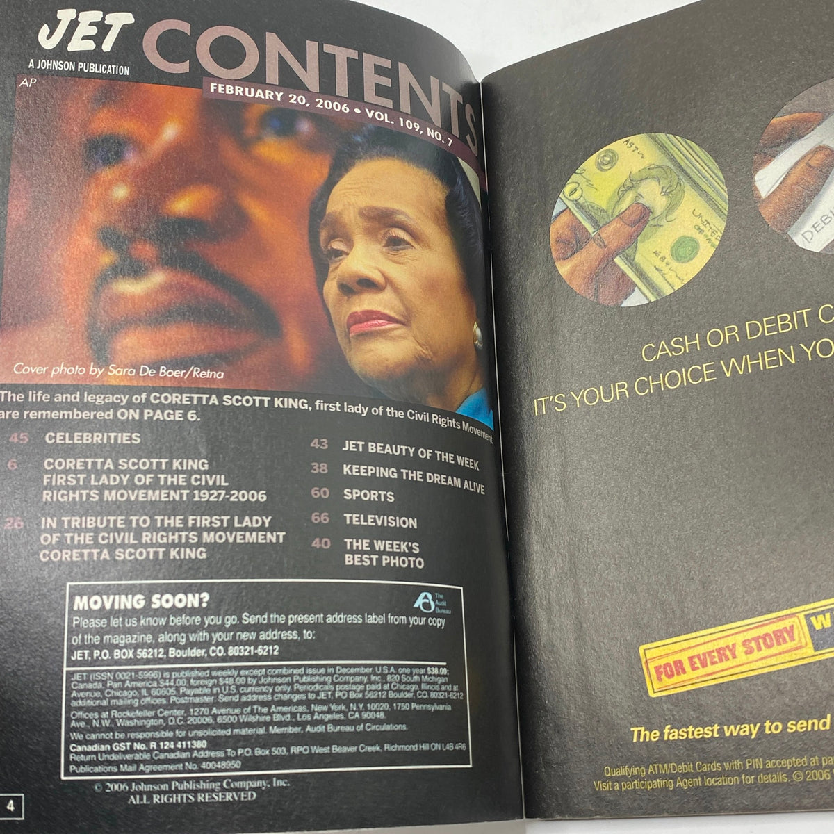 Contents page of Jet Magazine February 20, 2006 Vol 109 No. 7 highlighting Coretta Scott King and her contributions to the Civil Rights Movement.