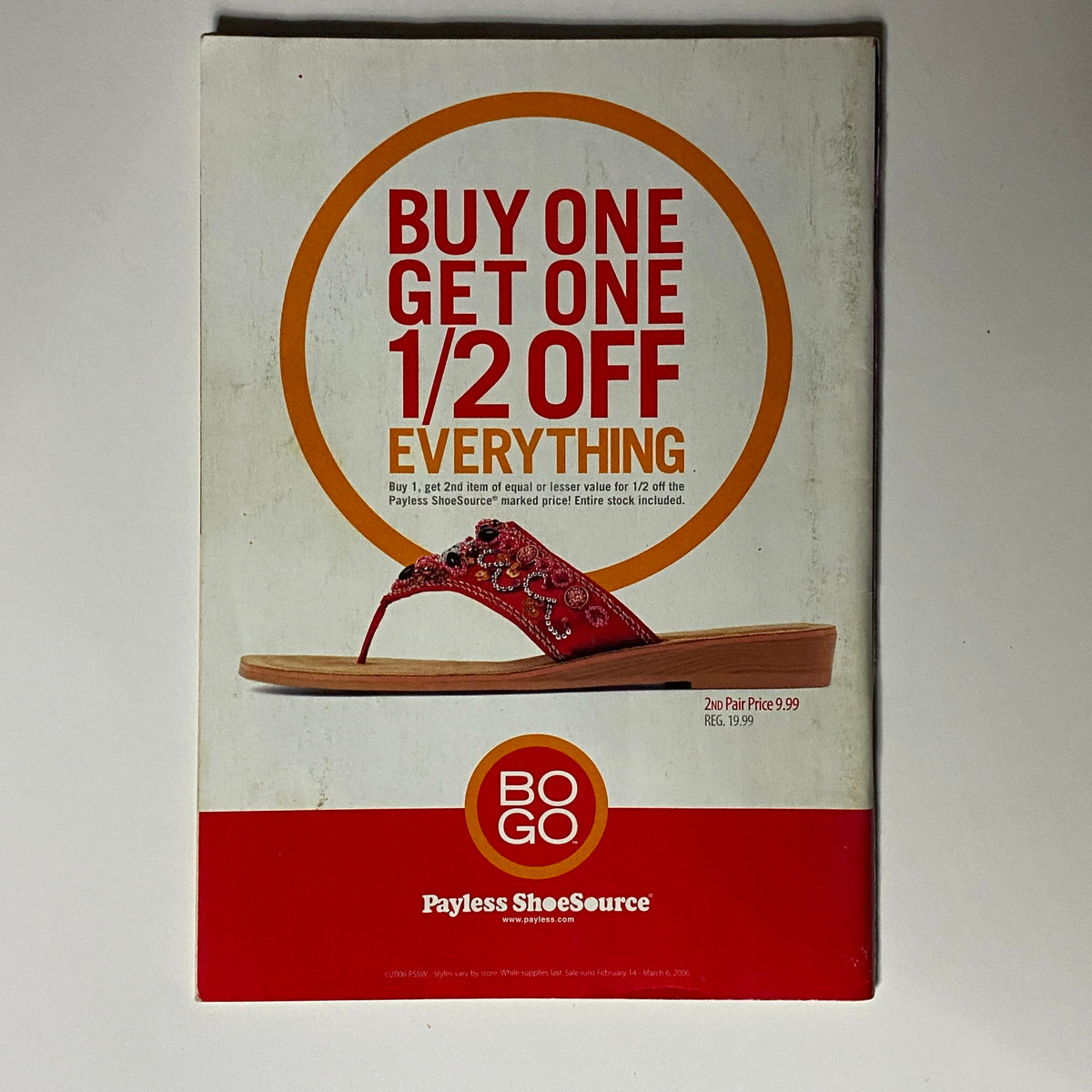 Advertisement for Payless ShoeSource in Jet Magazine February 20, 2006 Vol 109 No. 7, promoting a 'Buy One, Get One Half Off' event.