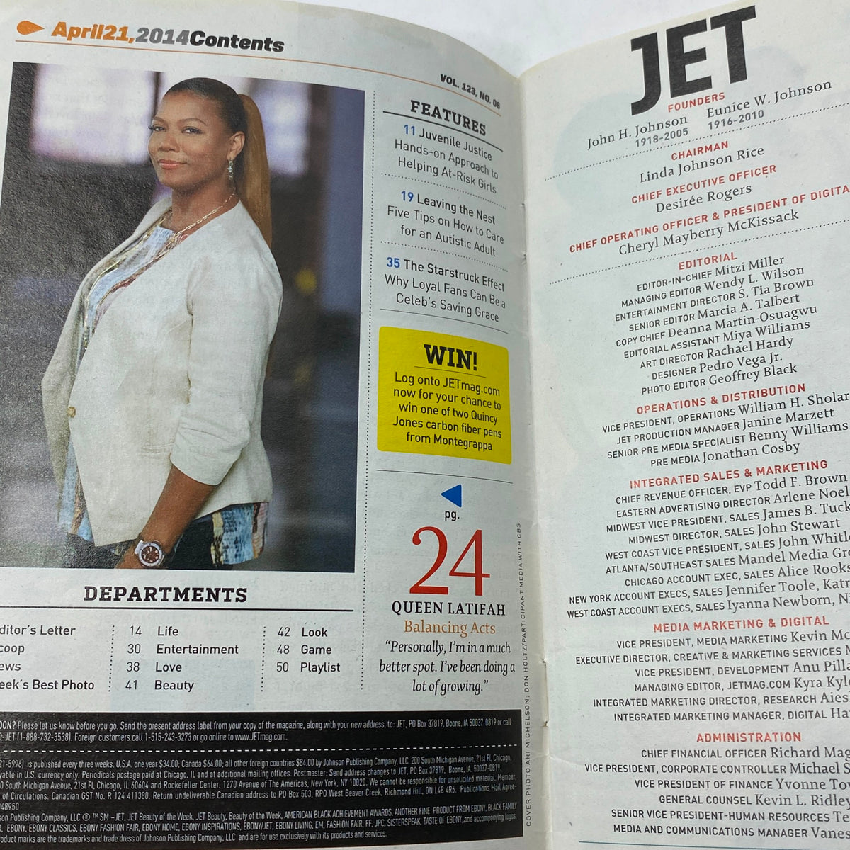 Inside page of Jet Magazine April 1, 2014 Vol 123 No. 6 highlighting feature on Queen Latifah's balancing acts and her contributions to the magazine.
