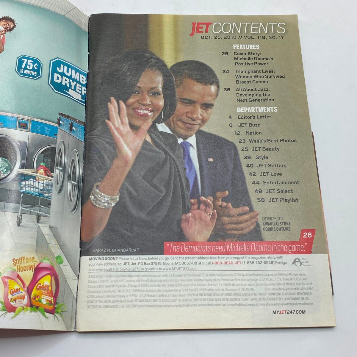 Contents page of Jet Magazine, October 25, 2010, Volume 118, No. 17, showcasing features on Michelle Obama and various articles related to cultural discussions.