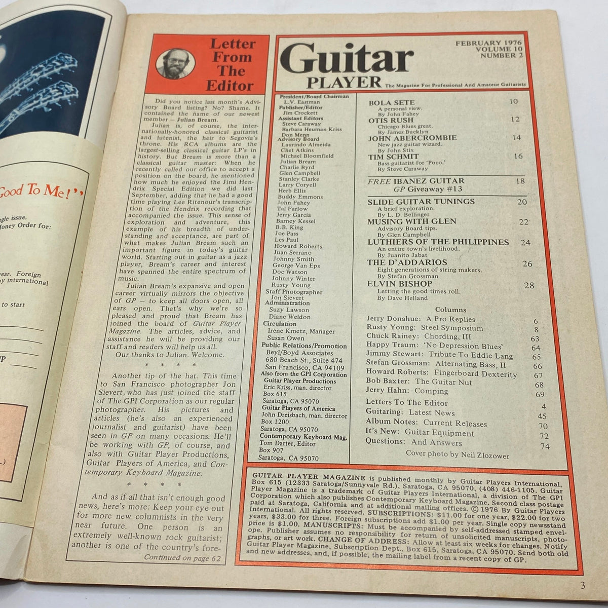Inside page of VTG Guitar Player Magazine February 1976 Vol 10 No. 2 showcasing the contents and articles, including features on Elvin Bishop and guitar techniques.