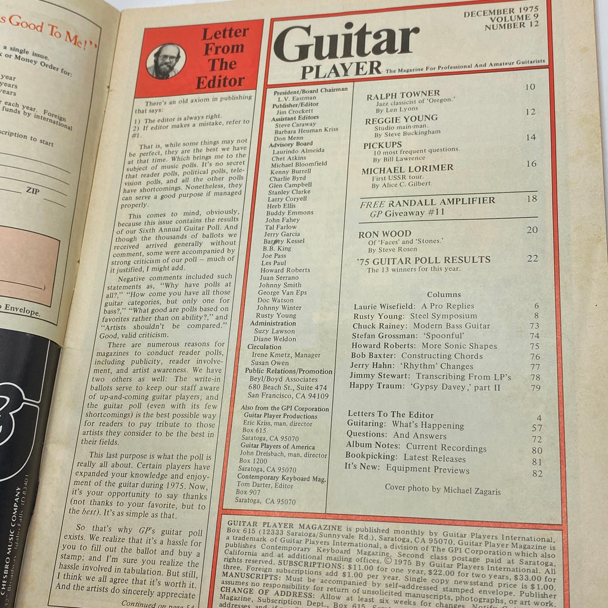Inside page of VTG Guitar Player Magazine December 1975, Volume 9, Number 12 featuring the letter from the editor and table of contents with articles by notable musicians.