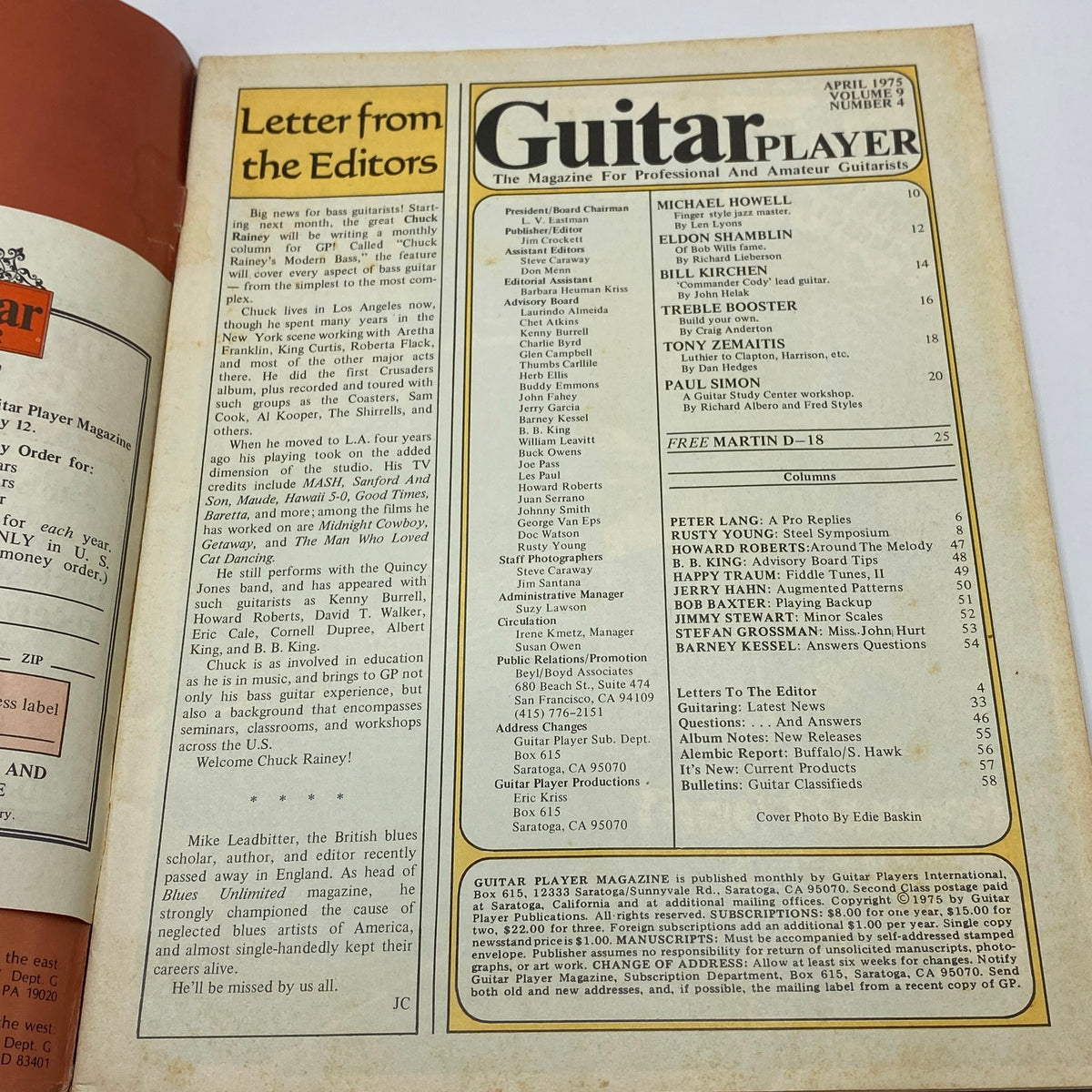 Interior page of Guitar Player Magazine April 1975 showcasing the magazine's table of contents and editorial note. A valuable piece for collectors and music lovers.
