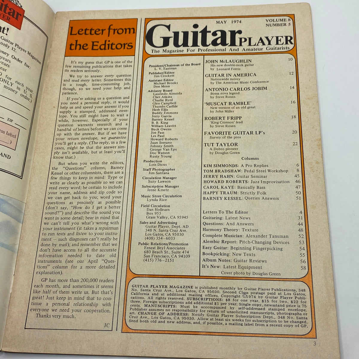 Inside page of Guitar Player Magazine May 1974, showcasing the editor's letter and contents page for Volume 8 Number 5.
