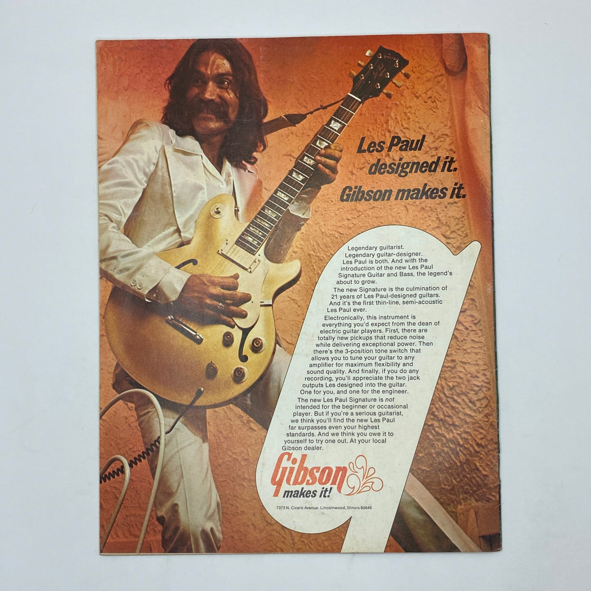 Advertisement for Gibson guitars in the Guitar Player Magazine May 1974, featuring an iconic image of a guitarist with a Les Paul guitar.