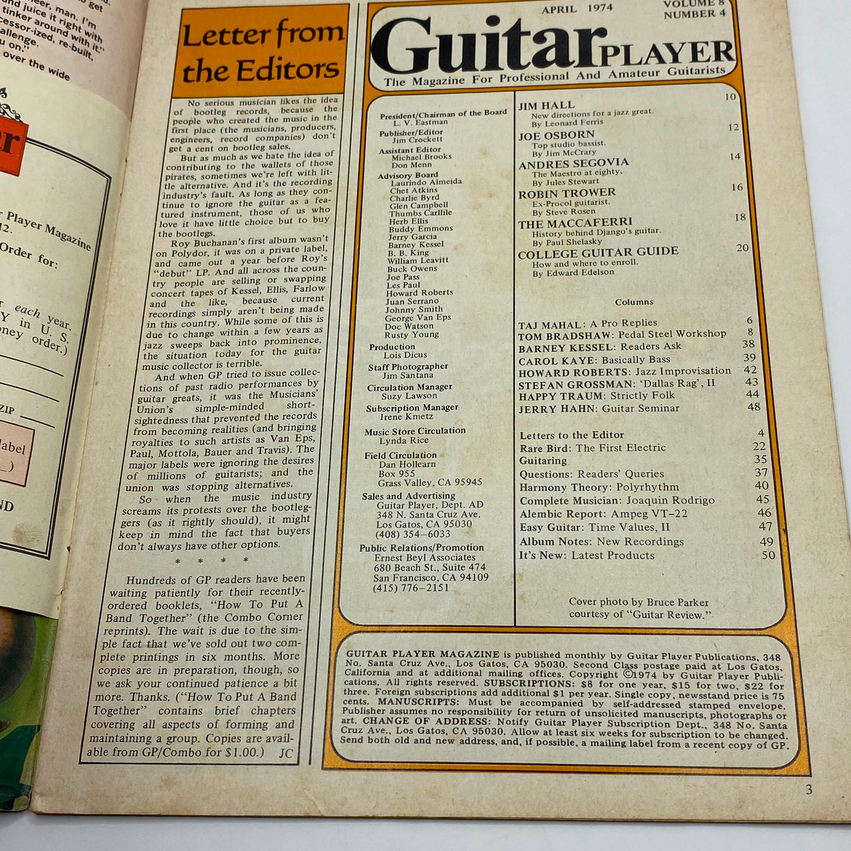 Inside page of VTG Guitar Player Magazine April 1974 Vol 8 No 4 featuring a letter from the editors and list of articles including Andres Segovia and other guitarists.