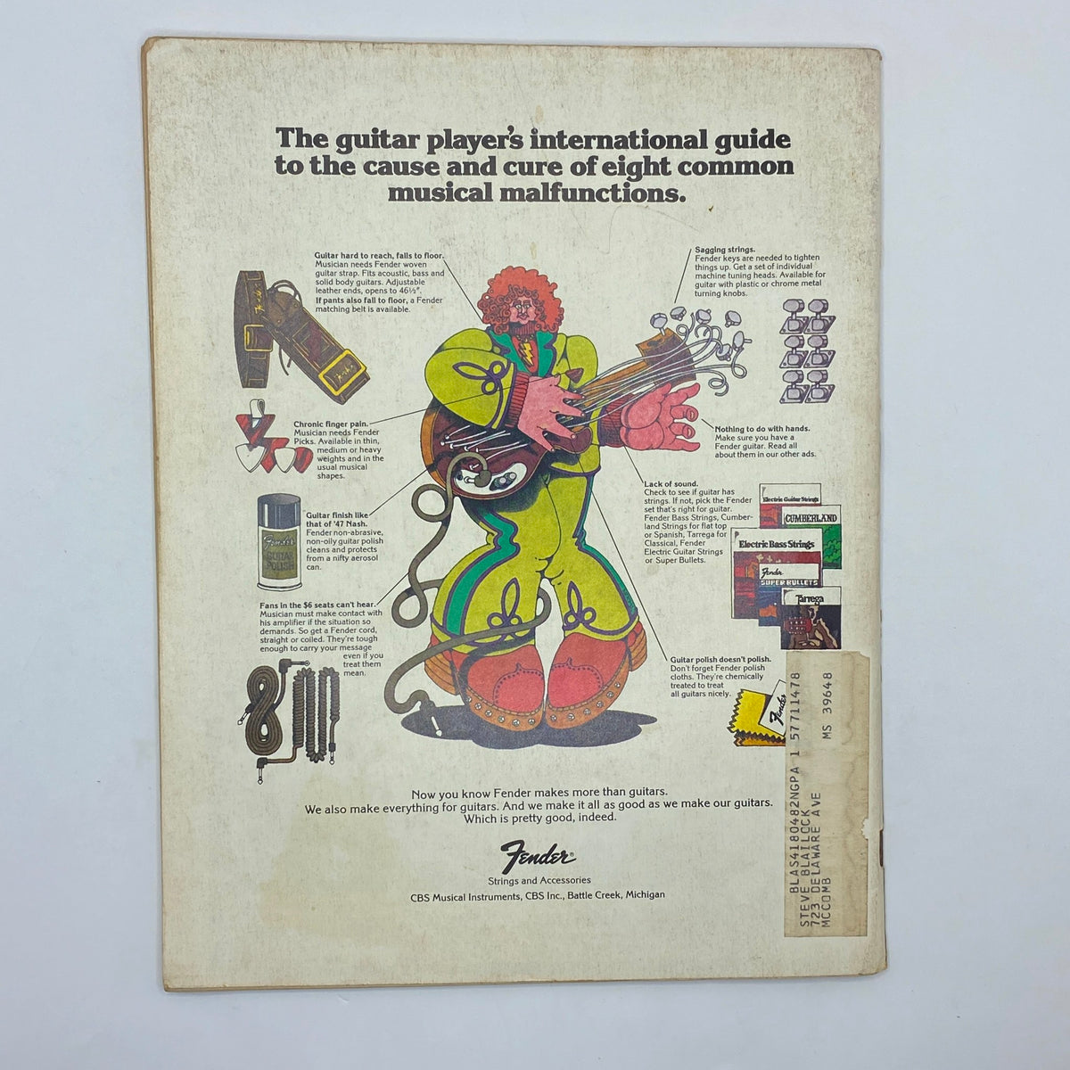 Back cover of VTG Guitar Player Magazine September 1977 showcasing a colorful advertisement for Fender strings and accessories. A vintage piece appealing to guitar players and music lovers.
