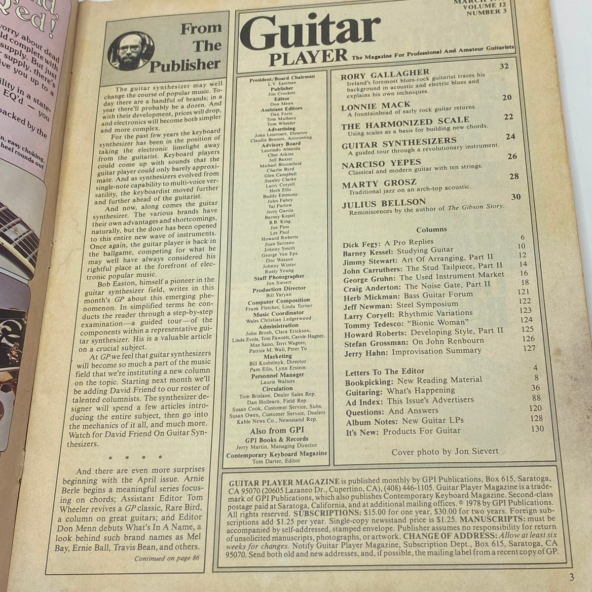 Page from Vintage Guitar Player Magazine March 1978 Vol 12 No. 3 featuring editorial content and index, highlighting Rory Gallagher, iconic guitarist from Ireland.