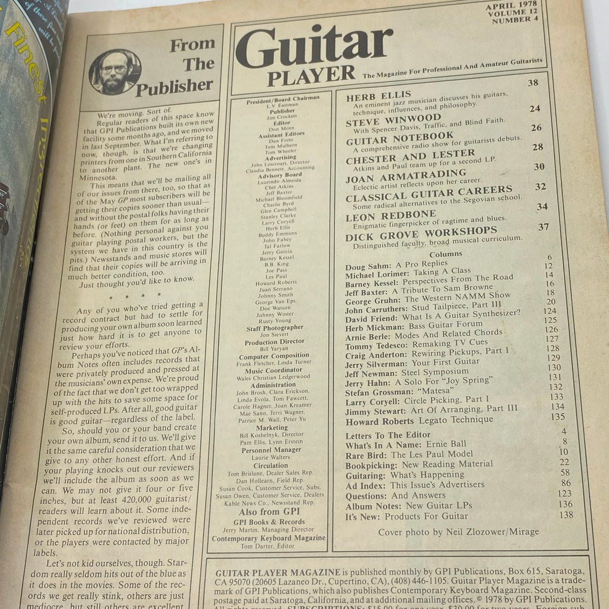 Inside page of VTG Guitar Player Magazine April 1978 showing the Table of Contents, featuring articles about Herb Ellis and Steve Winwood. Important for collectors and music history.