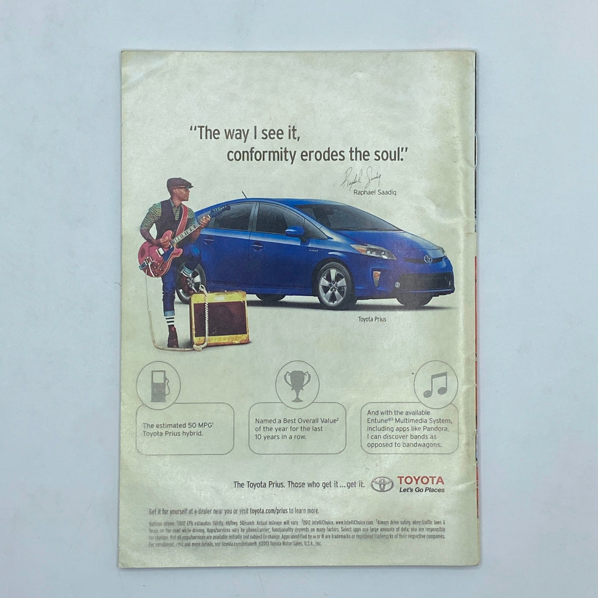 Back cover of Jet Magazine January 28, 2013, featuring an advertisement for the Toyota Prius with a stylistic commentary on conformity.