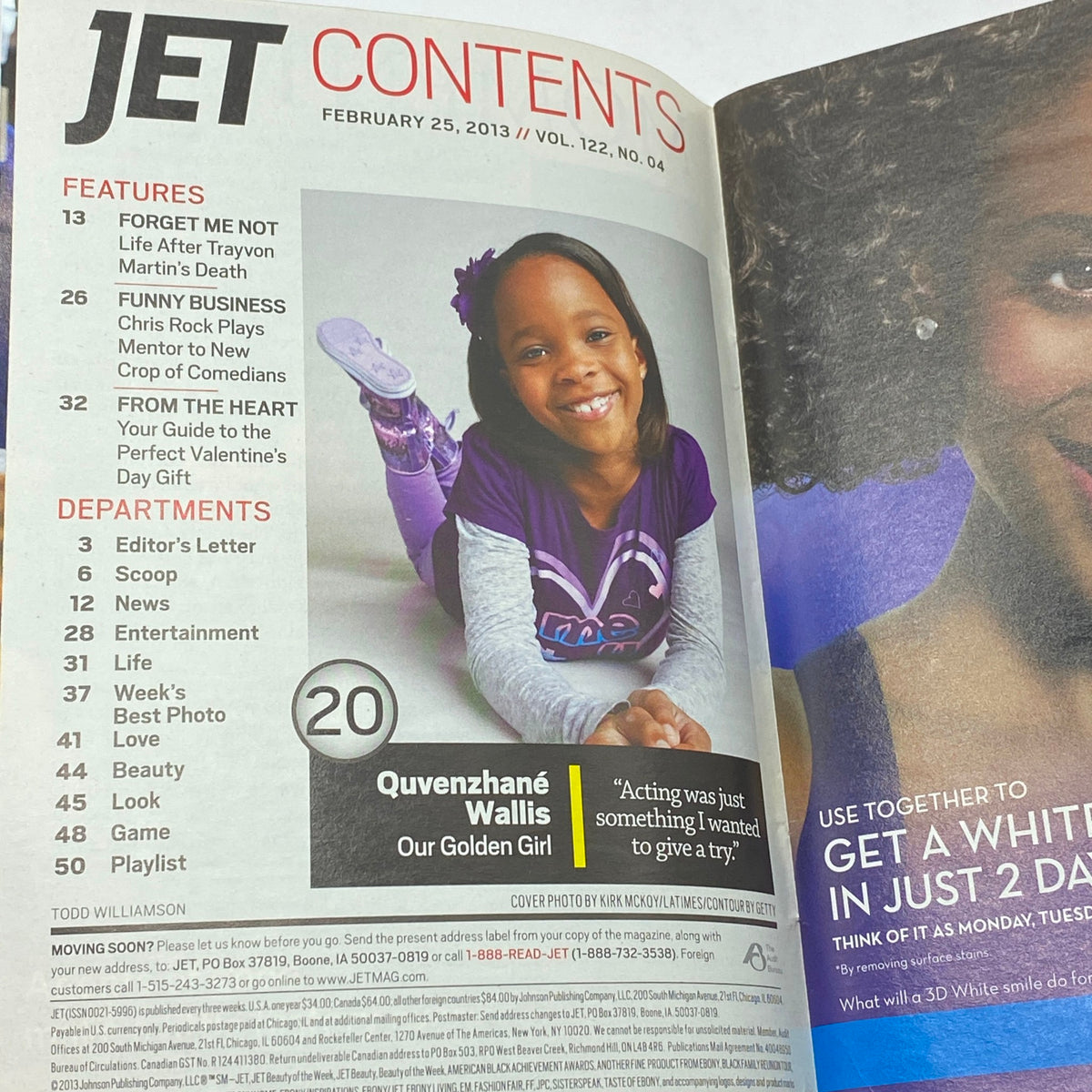 Interior page of Jet Magazine, February 25, 2013, Vol 122 No. 4, showcasing contents with a spotlight on Quvenzhane Wallis and her ambitions in acting.