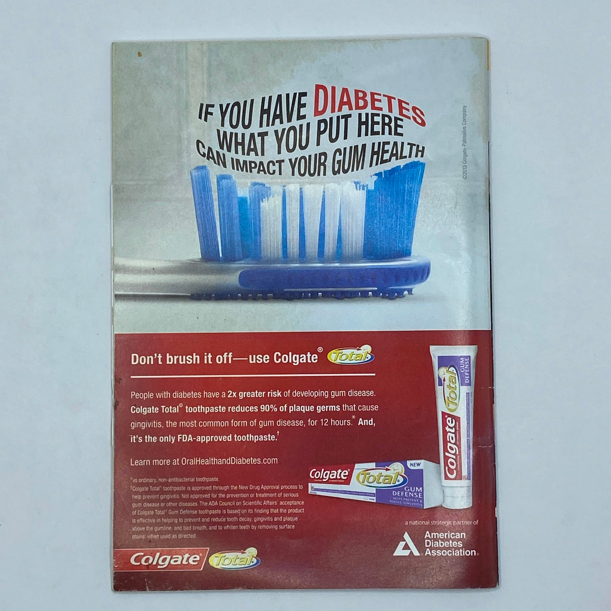 Back cover of Jet Magazine November 25, 2013 promoting Colgate Total toothpaste and its benefits for people with diabetes.