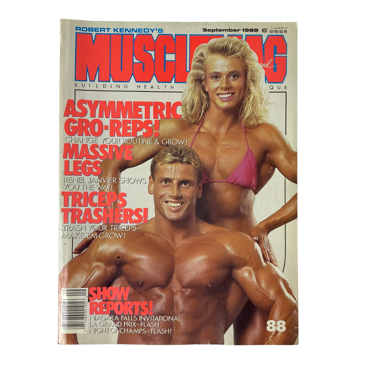 Cover of MuscleMag International Magazine September 1989 featuring Anja Schreiner and Ronald Matz, showcasing bodybuilding tips and techniques.