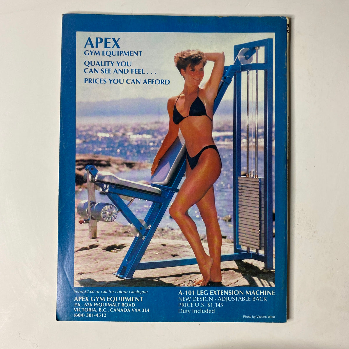 Back cover of MuscleMag International Magazine June 1989 showcasing APEX gym equipment, highlighting quality and affordability for fitness enthusiasts.
