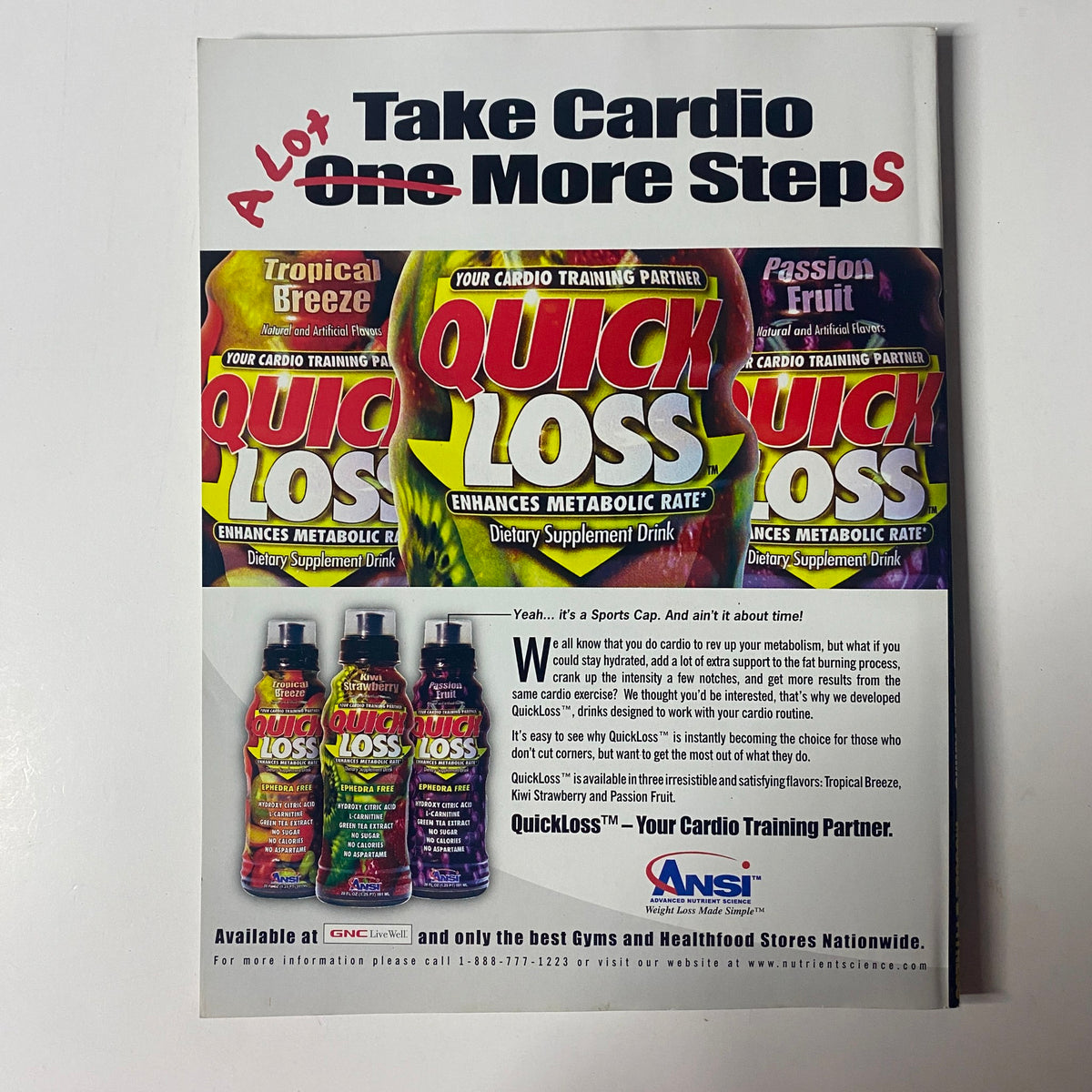 Back cover of Muscle & Fitness Magazine February 2004 advertising Quick Loss dietary supplement drinks, emphasizing their role in enhancing metabolic rate.