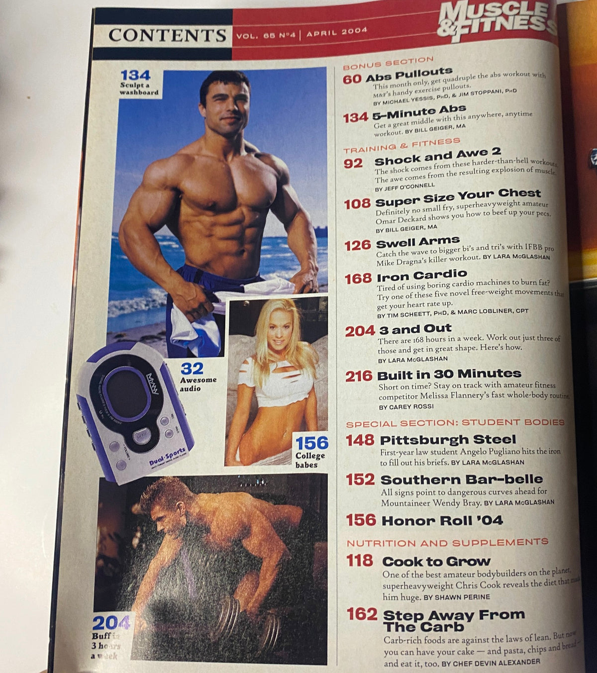 Contents page of Muscle & Fitness Magazine, April 2004, Vol 65 No. 4, highlighting articles on abs workouts, student athletes, and fitness routines.