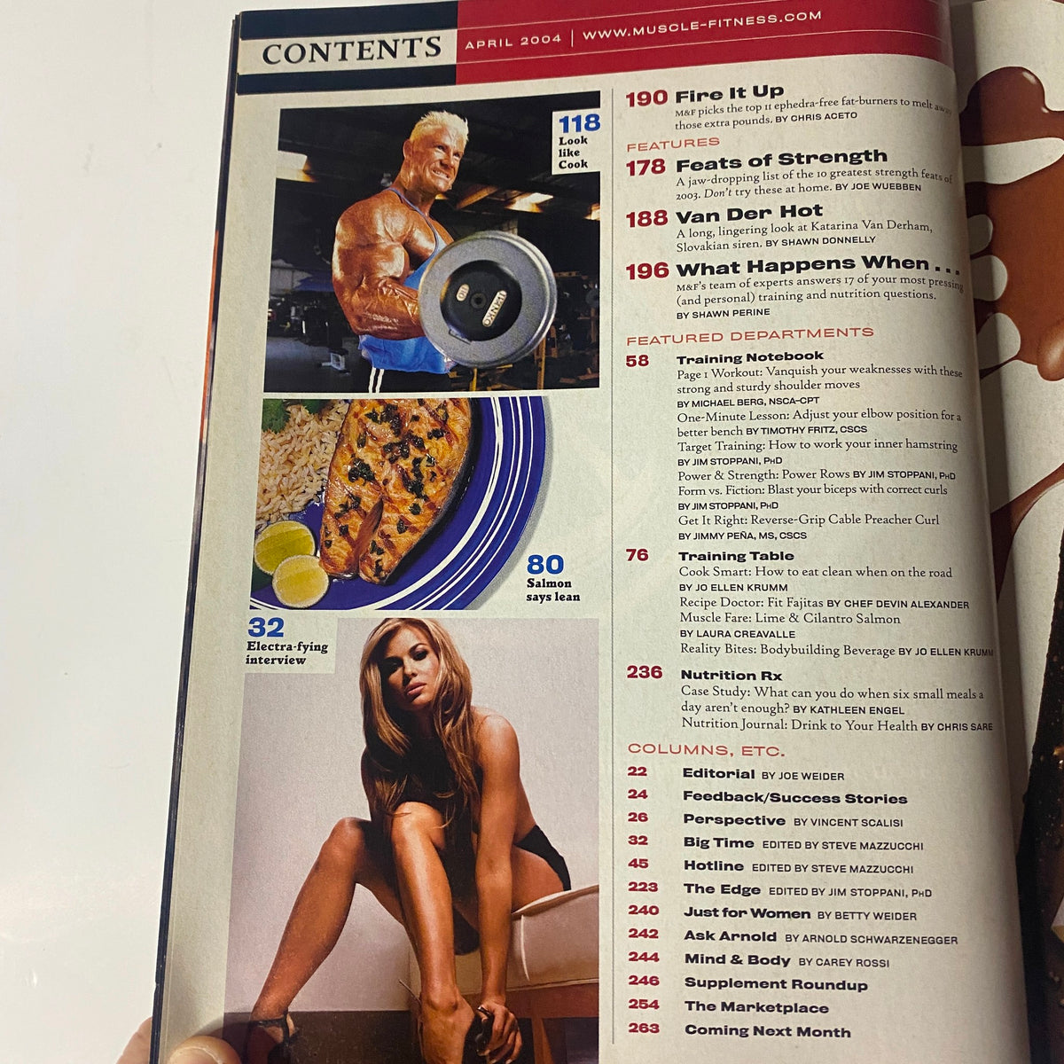 Muscle & Fitness Magazine April 2004 Vol 65 No. 4 - Contents page featuring a bodybuilder lifting weights and an image of healthy food; includes highlights like 'Feats of Strength' and 'What Happens When...'.