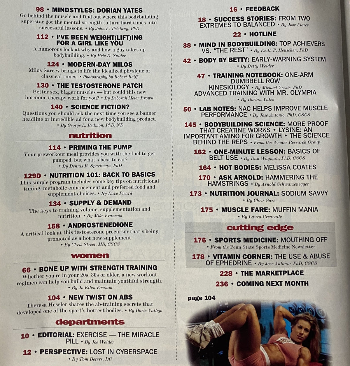 Table of contents page from Muscle & Fitness Magazine October 1997 Vol 58 No. 10 featuring Dorian Yates, training tips, nutrition advice, and featured articles.
