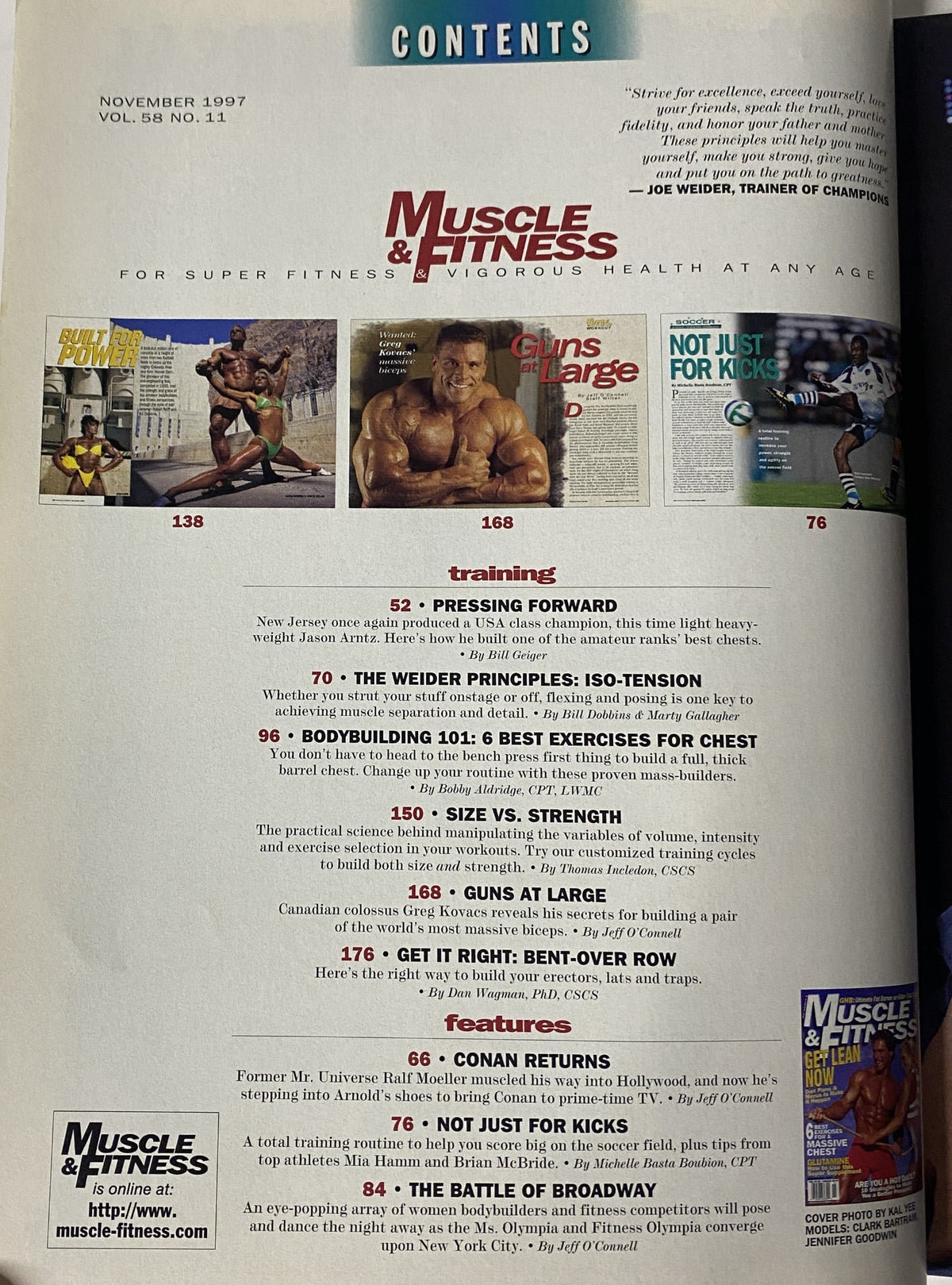 Contents page of Muscle & Fitness Magazine November 1997 showcasing various articles on training science, muscle-building tips, and features on fitness personalities.