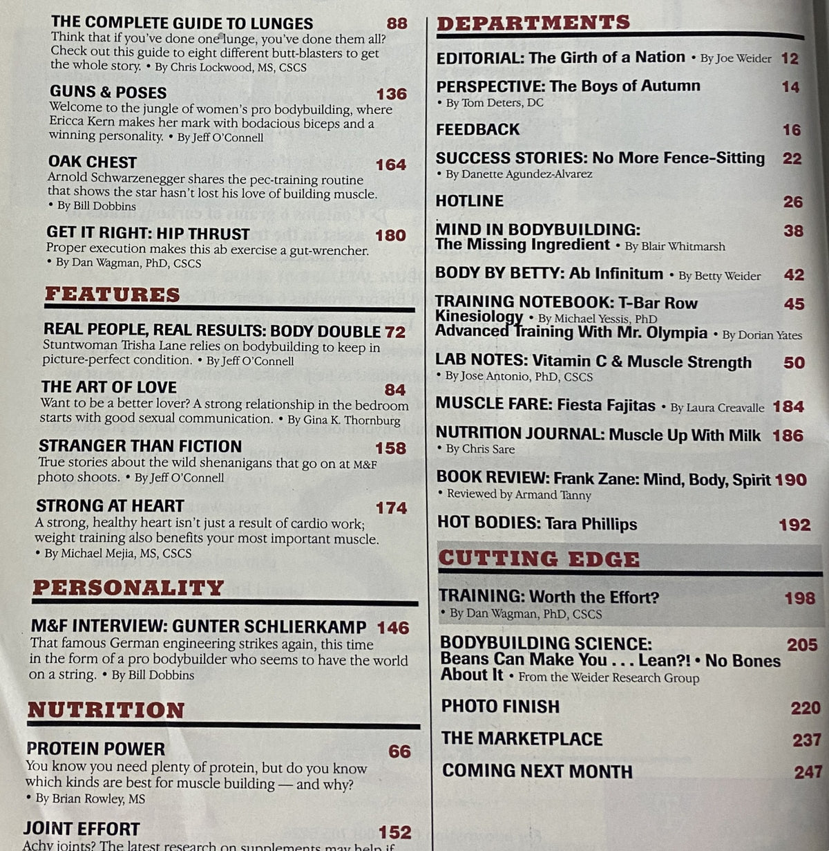Table of contents from Muscle & Fitness Magazine, October 1998, listing articles on bodybuilding, featuring Gunter Schlierkamp and nutrition insights.