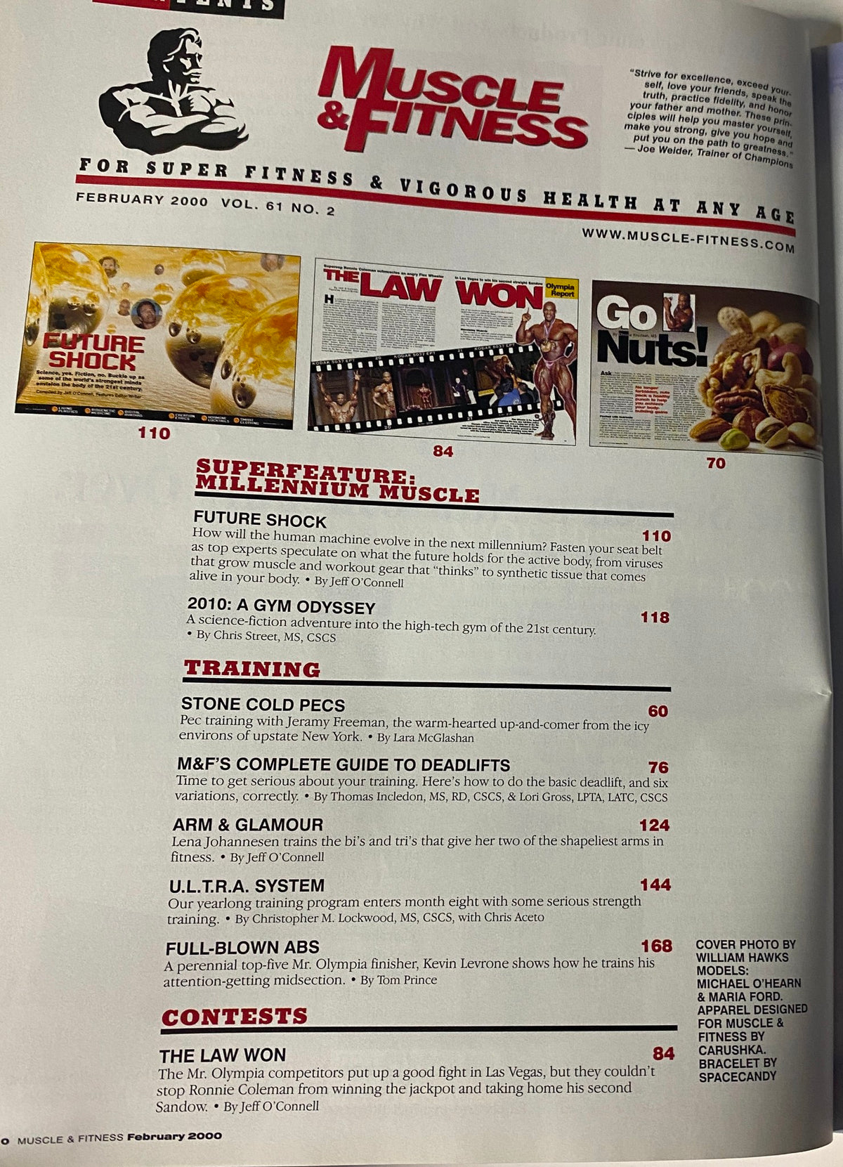 Muscle & Fitness Magazine February 2000 Page featuring the Superfeature Millennium Muscle, highlighting futuristic training and exercise strategies, showcasing a vibrant layout with various fitness-related articles.