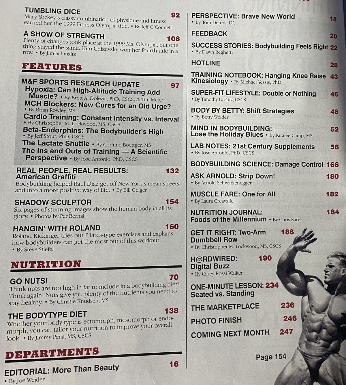 Muscle & Fitness Magazine February 2000 Features Page discussing sports research updates, training techniques, and nutrition strategies, including sections on contests and bodybuilding insights.