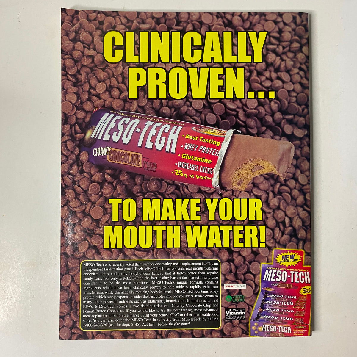 Muscle & Fitness Magazine February 2000 Advertisement for Meso-Tech protein bar, promoting it as clinically proven to improve health, emphasizing its ingredients and benefits for fitness enthusiasts.