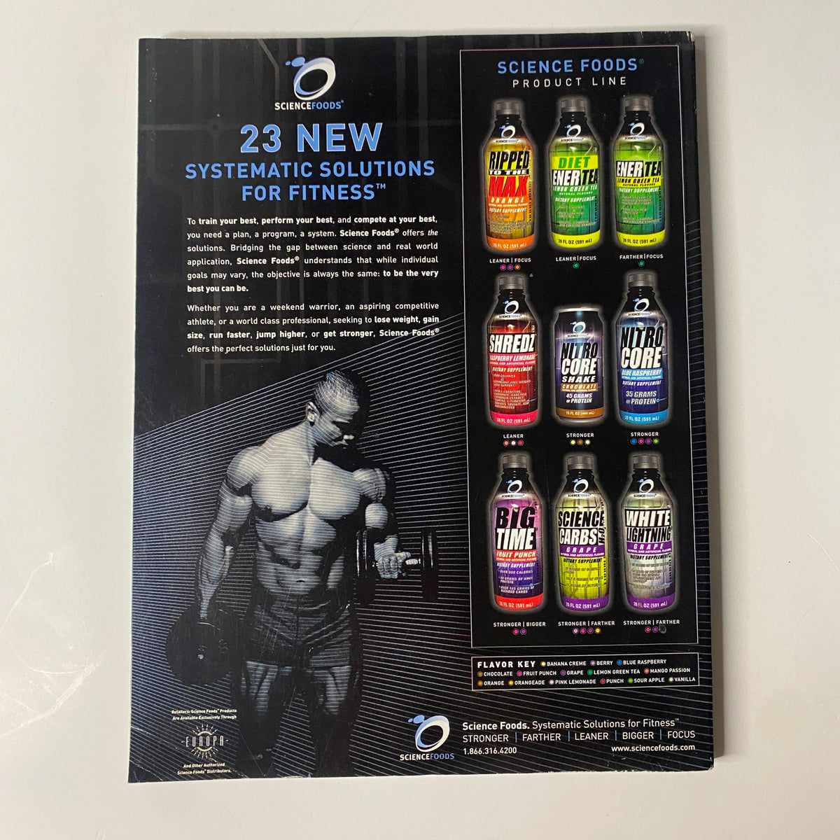 Back cover of Muscle & Fitness Magazine June 2004 showcasing Science Foods' fitness products with a gym illustration.