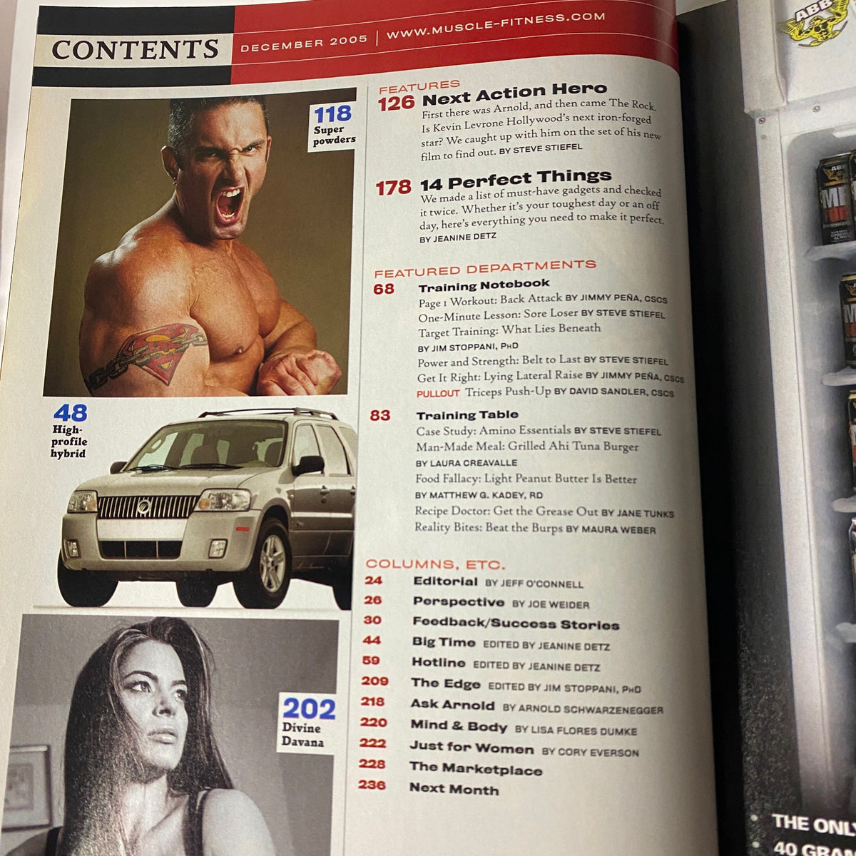 Contents page of Muscle & Fitness Magazine December 2005 Vol 66 No. 12 featuring highlights such as 'Next Action Hero', product recommendations, and various fitness columns, showcasing the magazine's focus on bodybuilding and supplements.