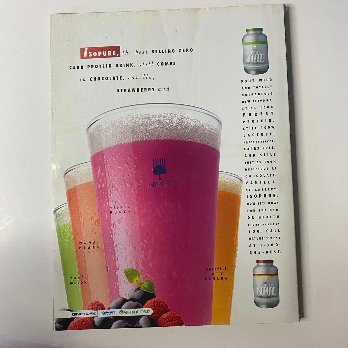 Muscle & Fitness Magazine December 2005 Vol 66 No. 12 cover featuring a colorful advertisement for ISOPURE protein drink in chocolate, vanilla, and strawberry flavors, showcasing vibrant drinks and highlighting health benefits.