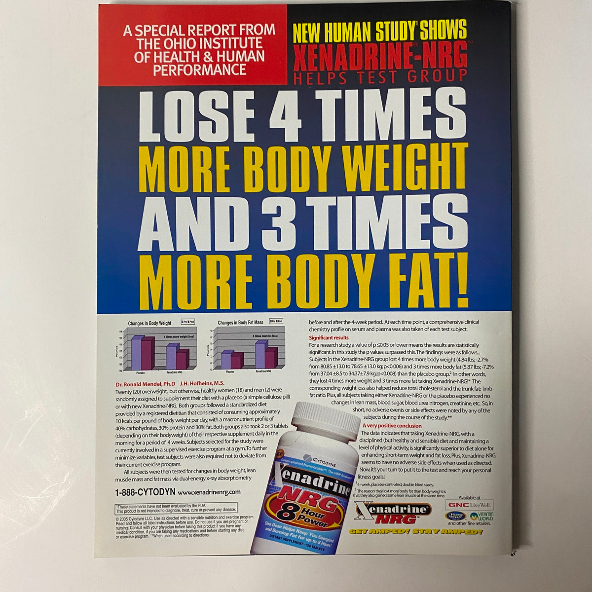 Back cover advertisement of Muscle & Fitness Magazine 2005 Complete Book of Arms Exercises featuring Xenadrine-NRG, promoting weight loss and fat reduction.