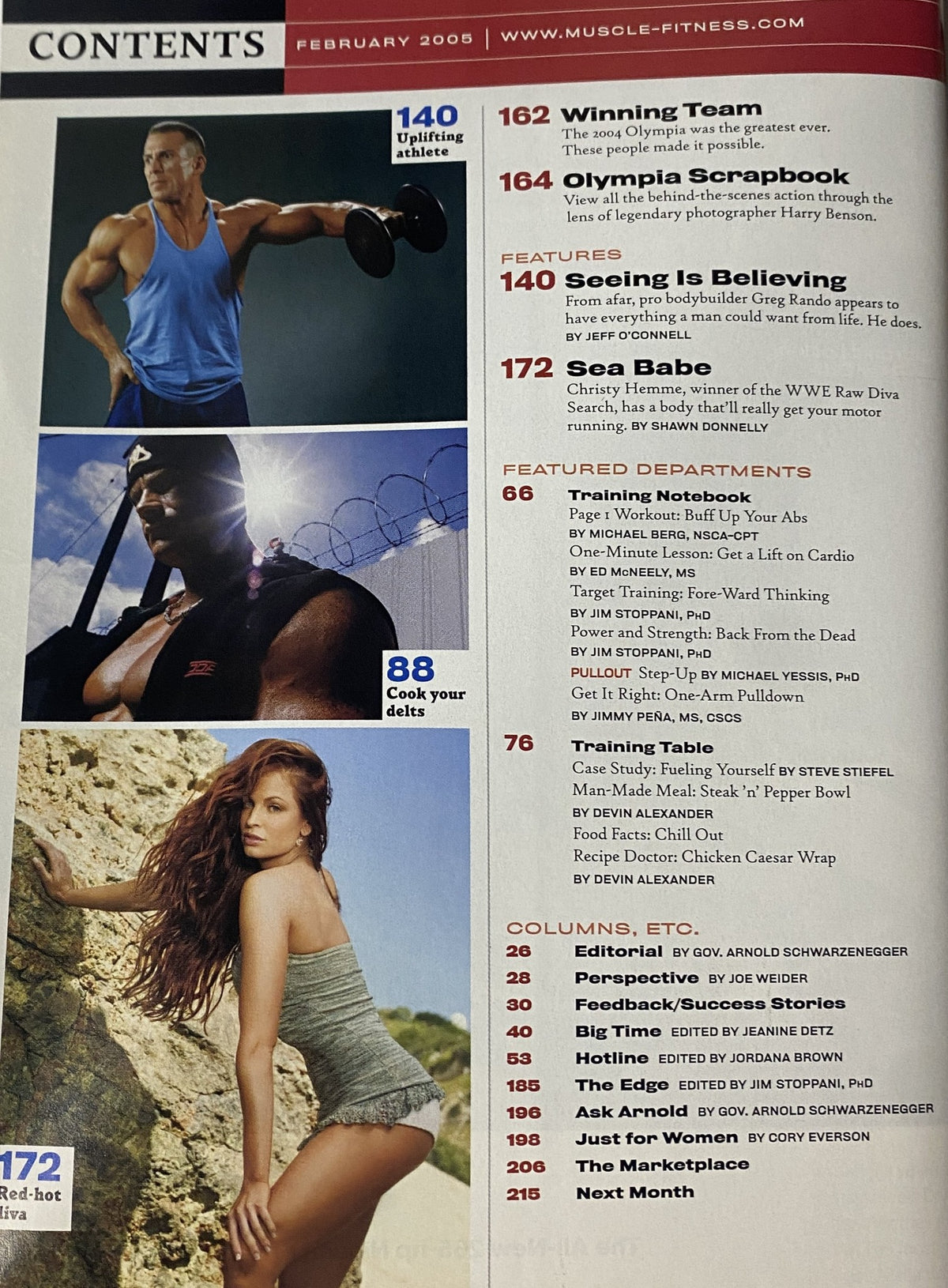 Contents page of Muscle & Fitness Magazine February 2005 Vol 66 No. 2 highlighting featured departments including fitness tips, training guides, and profiles on athletes.