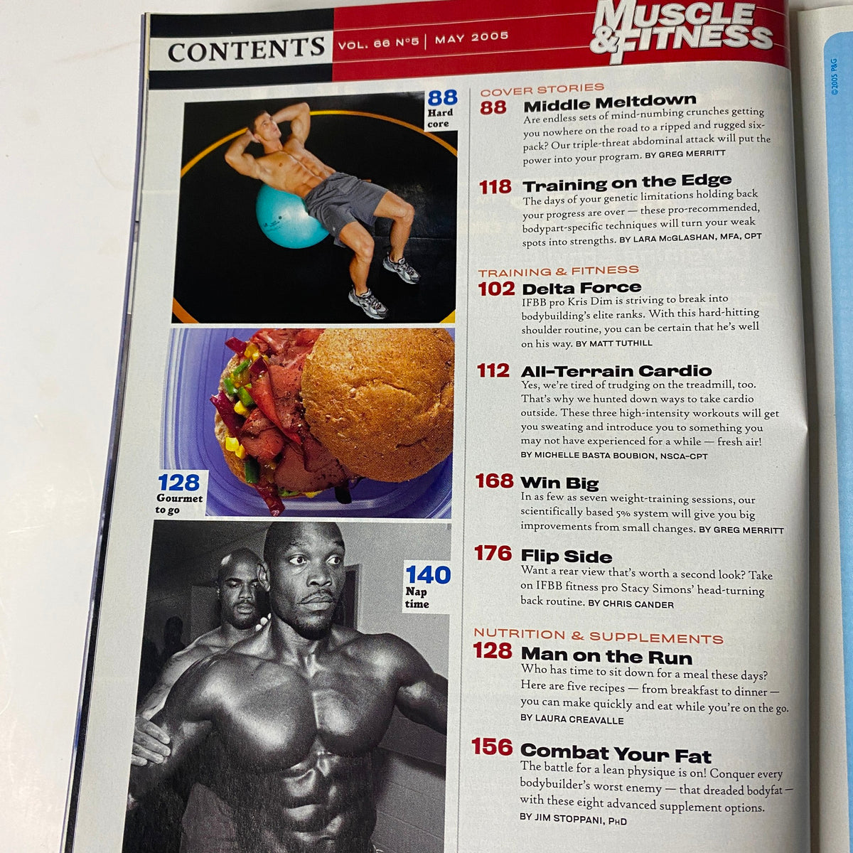 Contents page of Muscle & Fitness Magazine May 2005, detailing features like 'Middle Meltdown', 'Training on the Edge', and 'Delta Force', emphasizing abdominal training and nutrition.