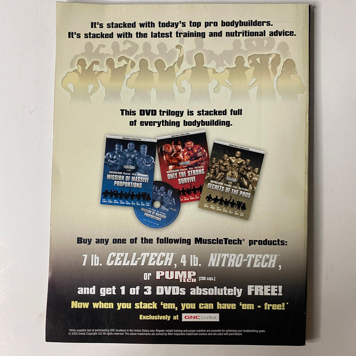 Promotional back page of Muscle & Fitness Magazine May 2005 showcasing a DVD trilogy related to bodybuilding, emphasizing top pro bodybuilders and nutritional advice.