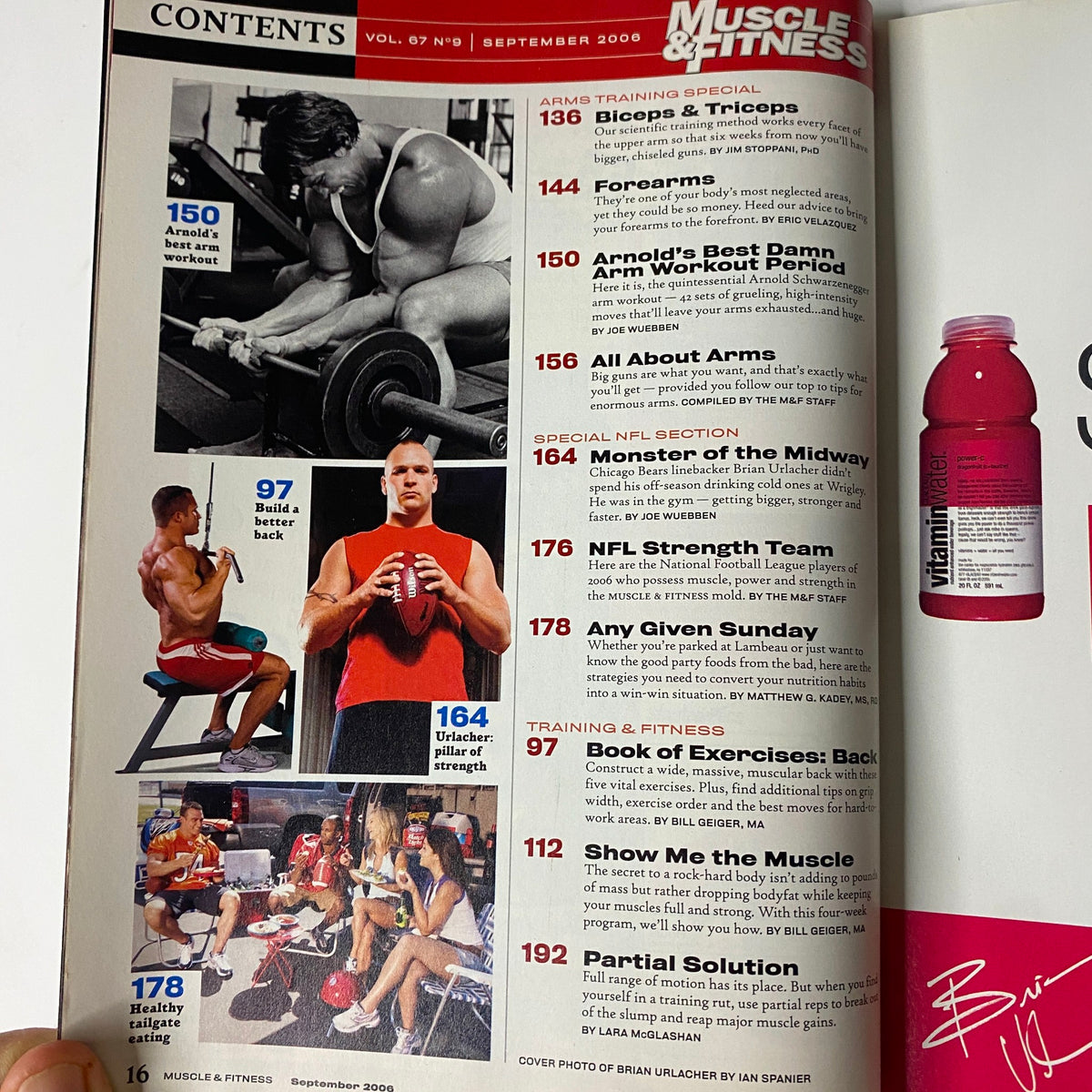 Muscle & Fitness Magazine September 2006 with a collage of fitness activities, including images of strength training, nutrition, and workout tips, focusing on building stronger arms and overall fitness.