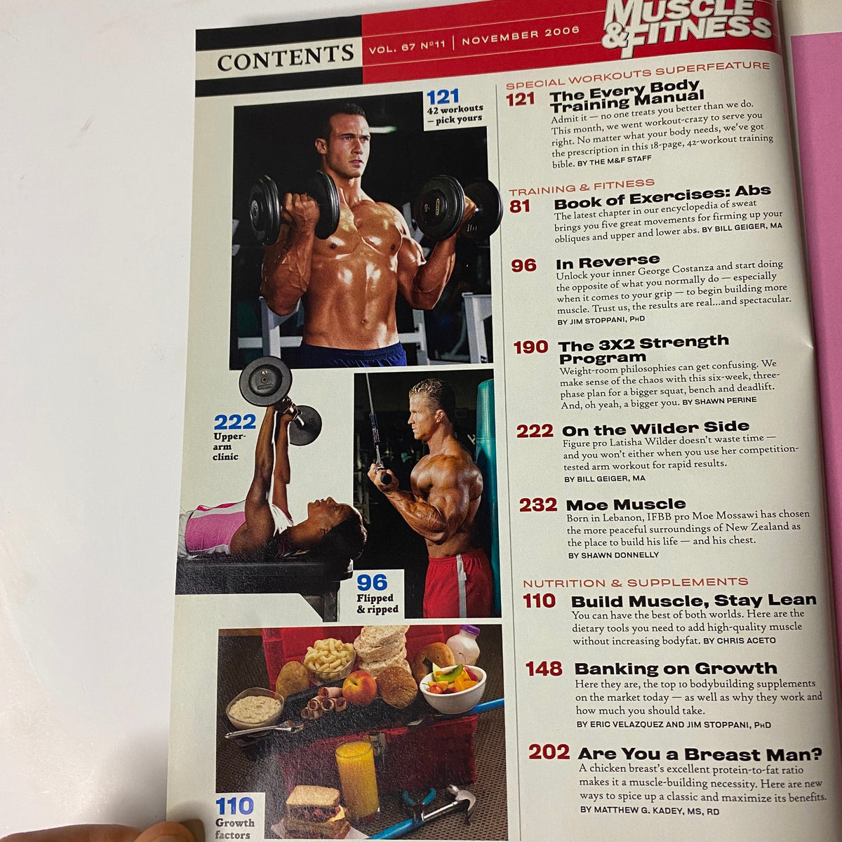 Contents page of Muscle & Fitness Magazine November 2006, detailing special workouts, training exercises, nutrition tips, and featured articles.