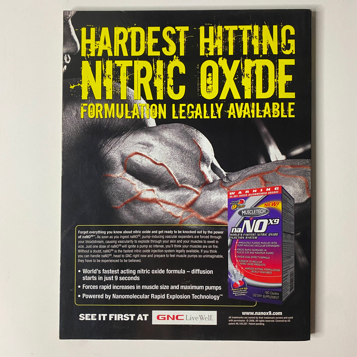 Advertisement for MuscleTech's nitric oxide product from Muscle & Fitness Magazine November 2006, emphasizing its fast-acting formulation and benefits for muscle performance.