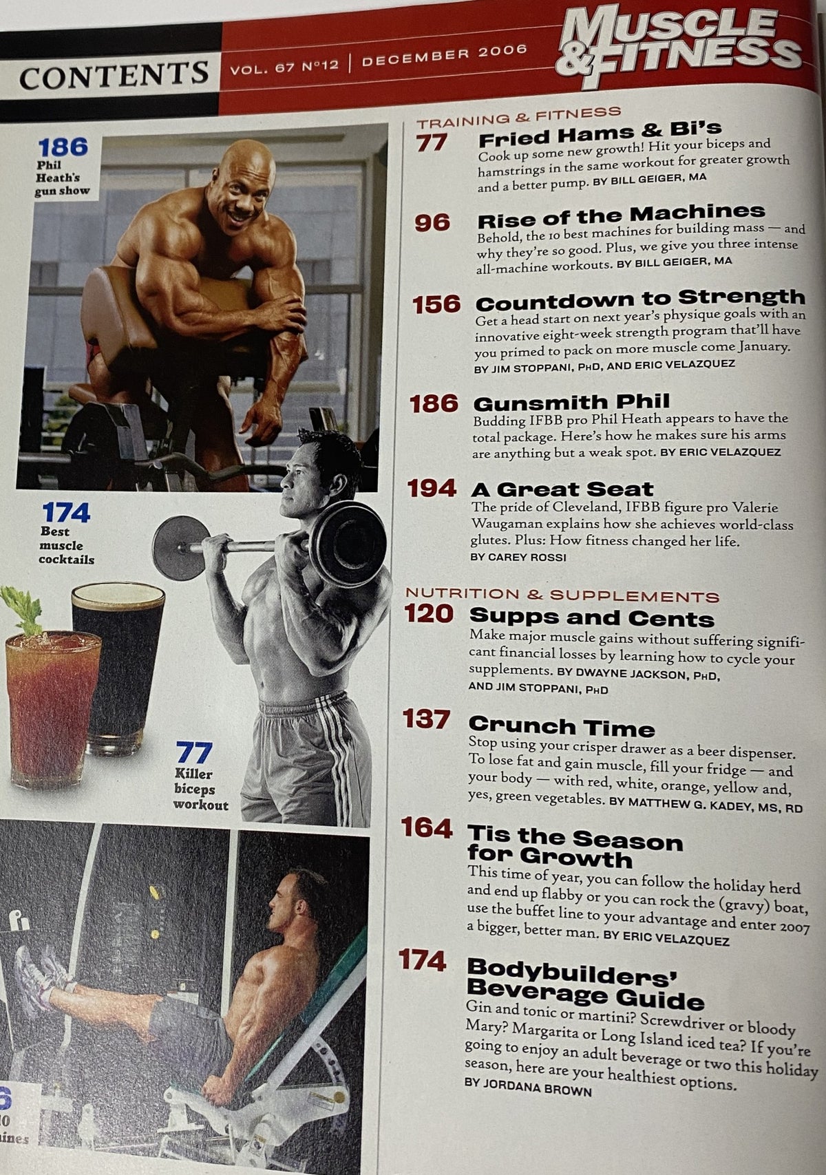 Contents page of Muscle & Fitness Magazine December 2006 Vol 67 No. 12 outlining articles on training routines, nutrition, and supplements.