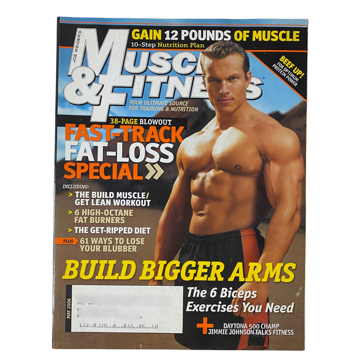 Muscle & Fitness Magazine May 2006 Vol 67 No. 5 featuring fitness model Tomm Voss on the cover, showcasing a Fast-Track Fat-Loss Special and tips for building bigger arms.