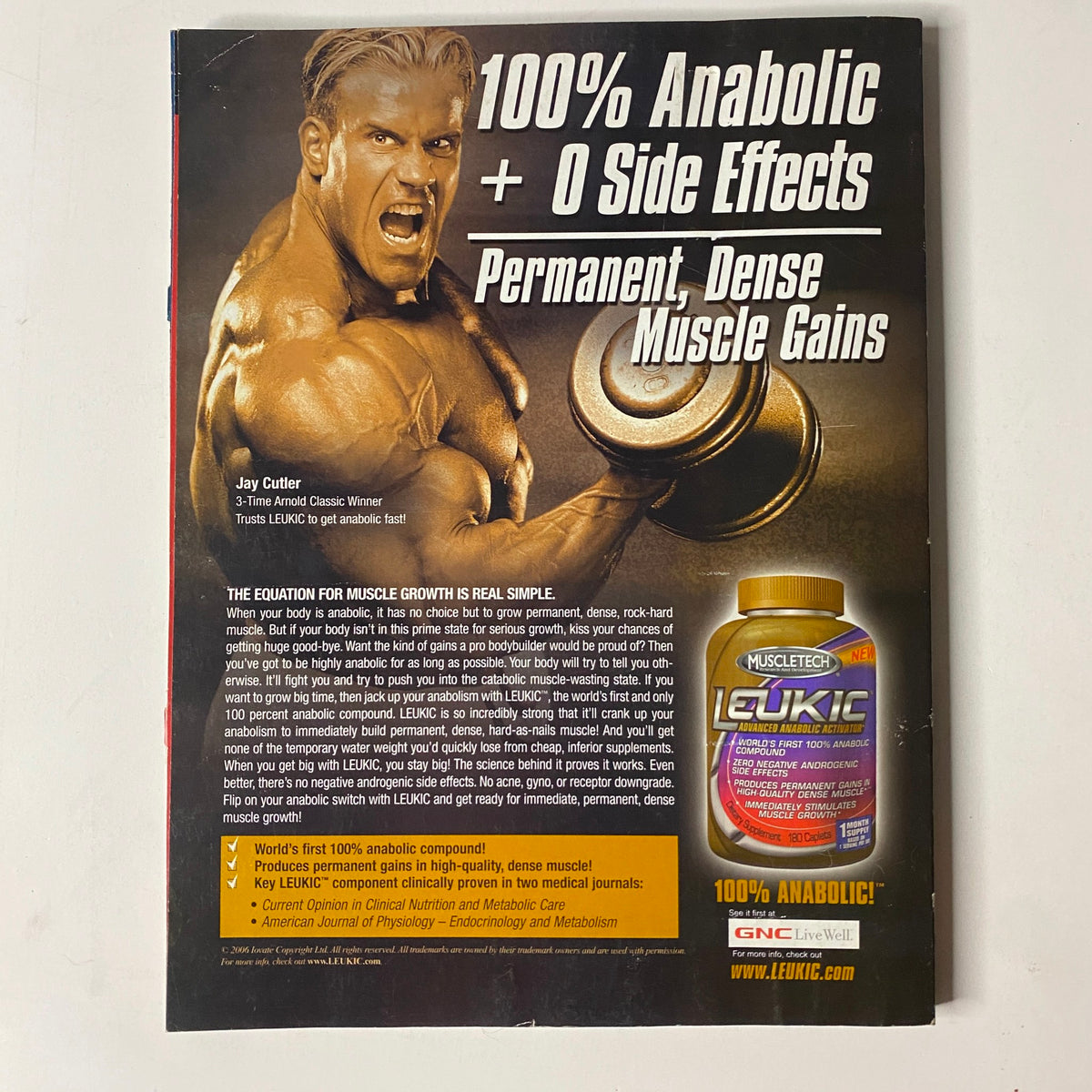 Back cover of Muscle & Fitness Magazine May 2006 Vol 67 No. 5 featuring an advertisement for MuscleTech's product claiming '100% Anabolic + 0 Side Effects' with a focus on permanent, dense muscle gains, alongside a photo of Jay Cutler, a fitness model and champion bodybuilder.