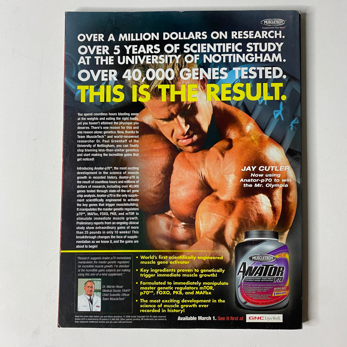 Muscle & Fitness Magazine March 2006 Vol 67 No. 3 - Back cover showcasing Jay Cutler, Mr. Olympia, promoting genetic engineering in bodybuilding supplements.