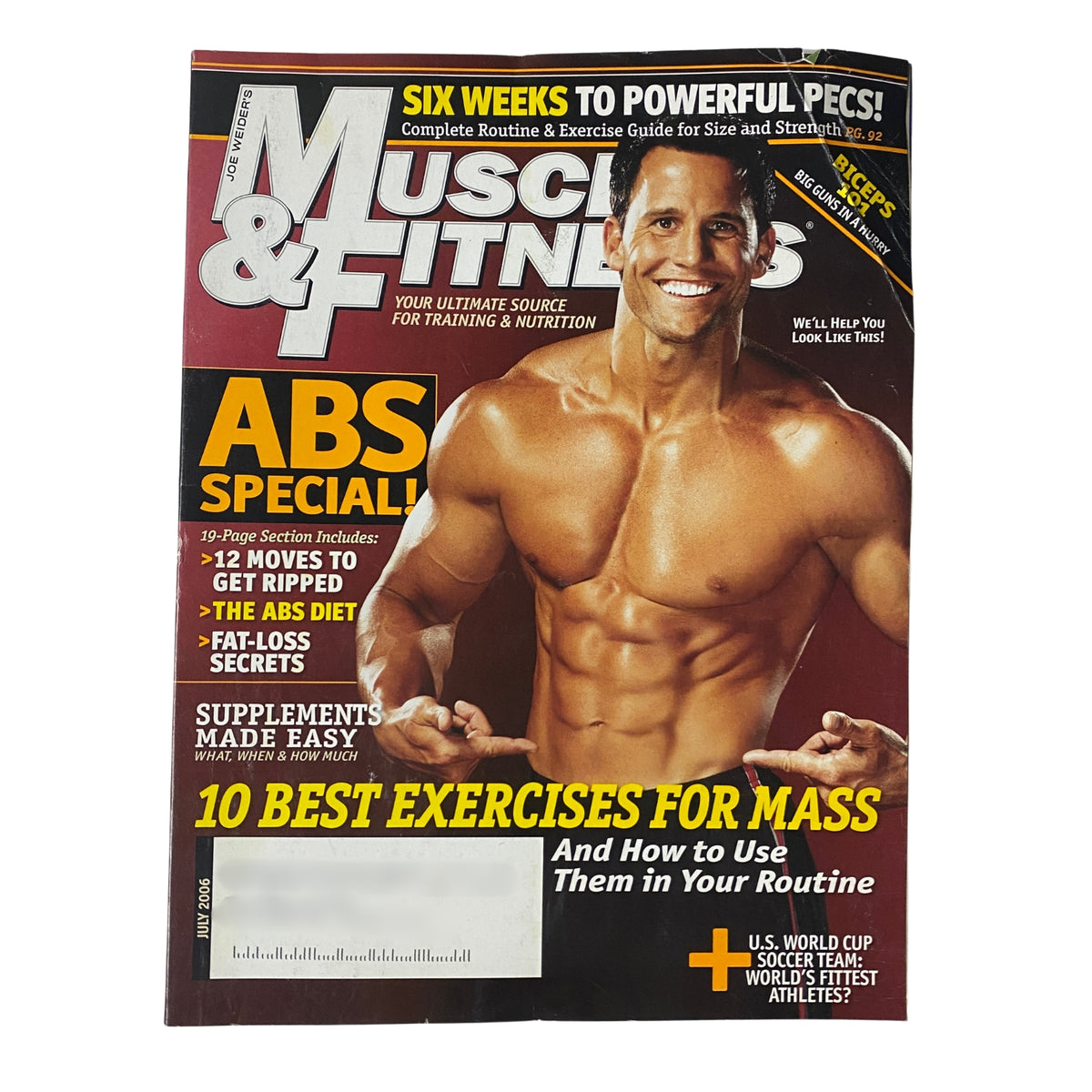 Muscle & Fitness Magazine July 2006, Vol. 67 No. 7 featuring Brian Wiefering on the cover, showcasing fitness tips, abs special section, training routines, and nutrition strategies.