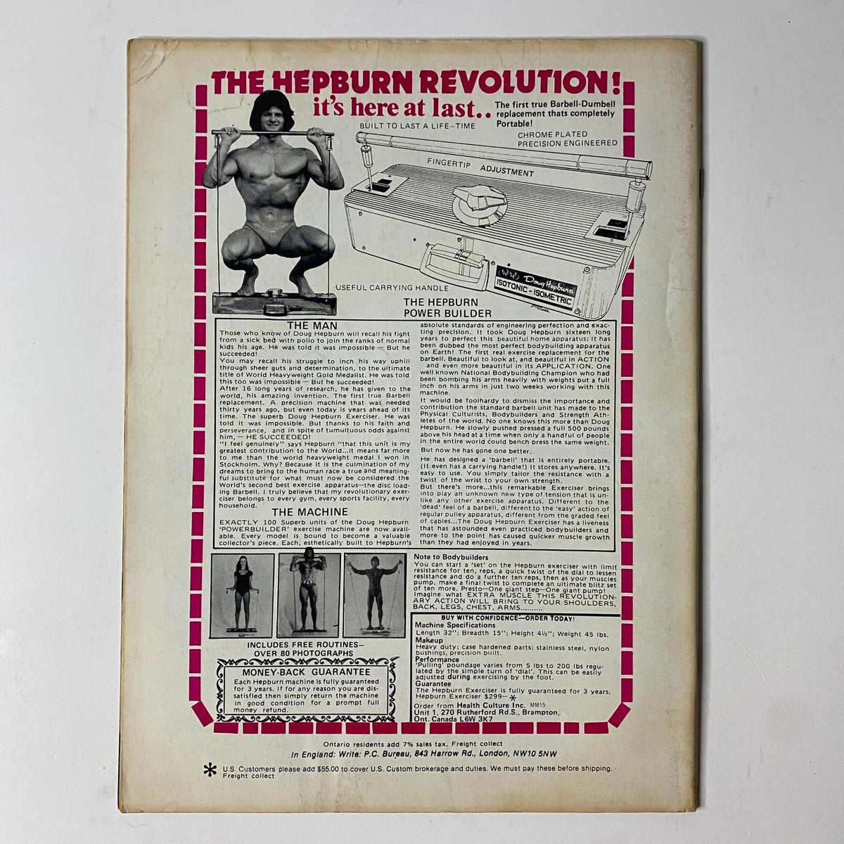 Back cover of MuscleMag International Magazine December 1979, advertising The Hepburn Revolution Power Builder, showcasing fitness equipment related to bodybuilding.