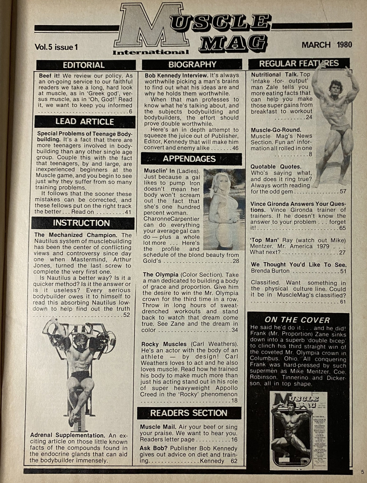 Interior page of MuscleMag International Magazine March 1980, displaying articles and features including 'Beef It!' editorial and 'Special Problems of Teenage Bodybuilding.'