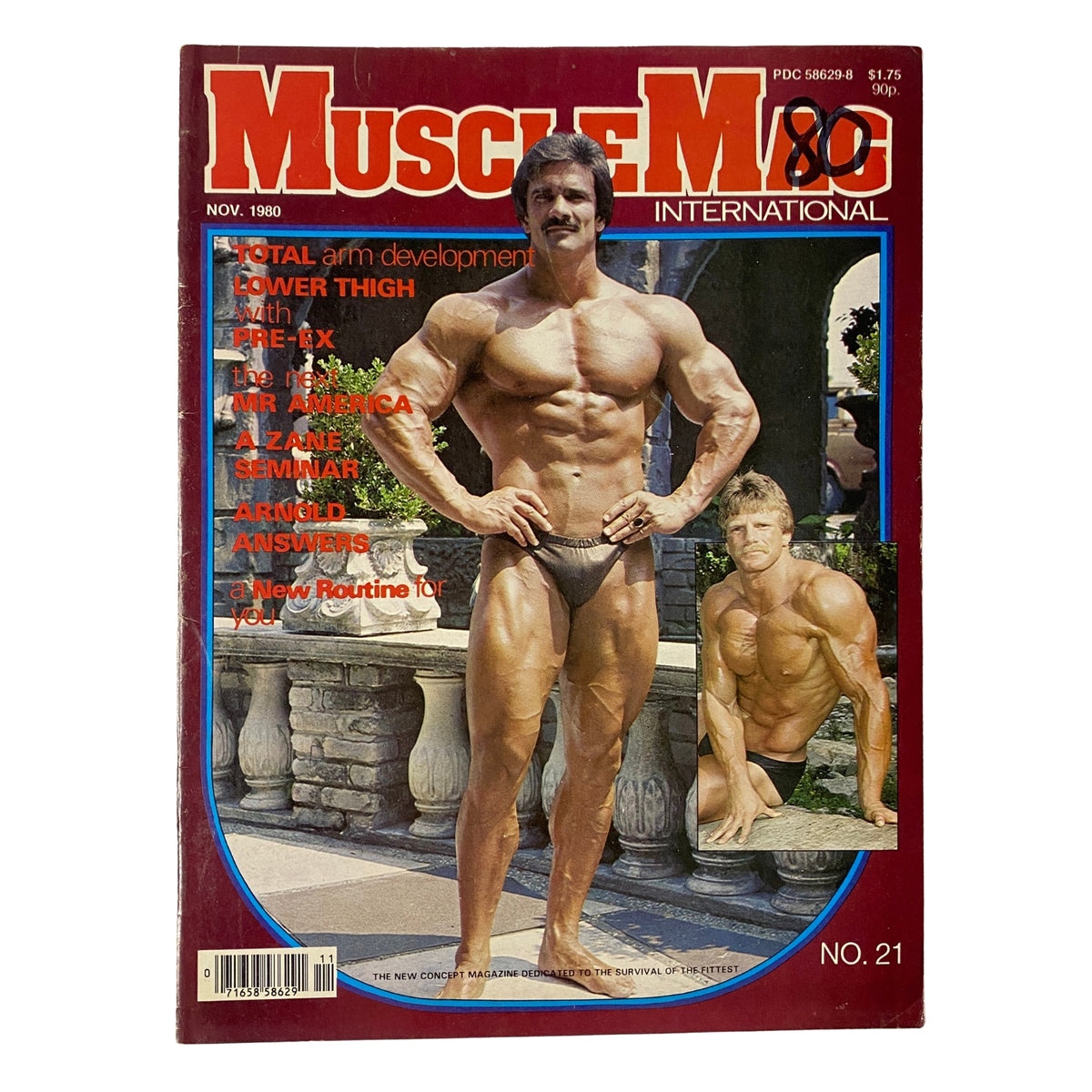 Cover of MuscleMag International Magazine November 1980 No. 21 featuring a muscular male model and promotional text about bodybuilding, including a Frank Zane seminar.