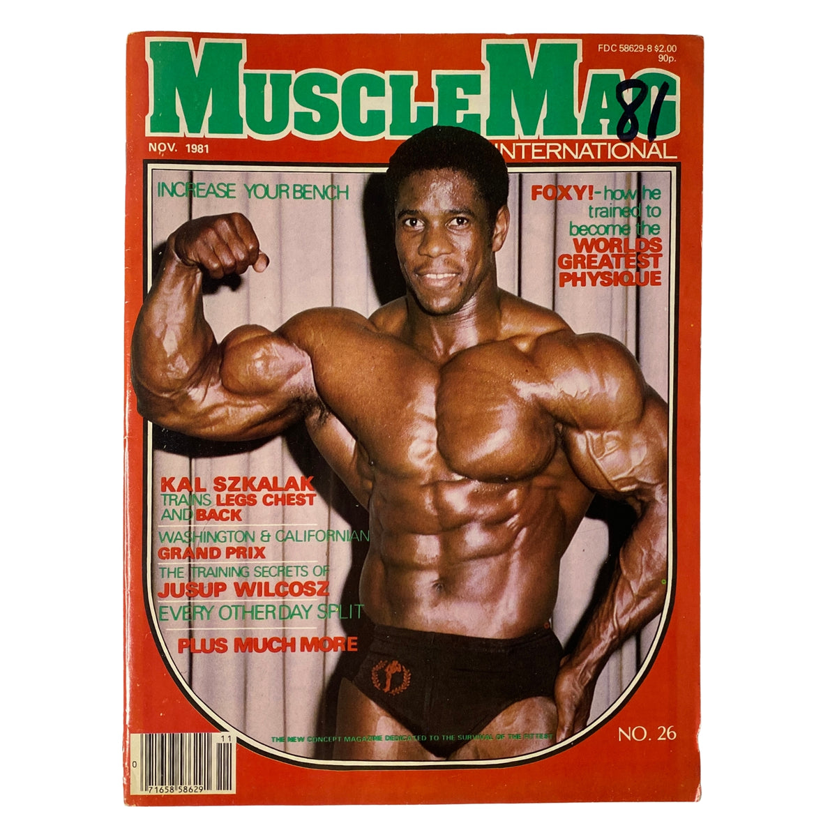 Cover of MuscleMag International Magazine November 1981 No. 26 featuring Bertil Fox, showcasing his impressive physique with text highlighting training secrets and bodybuilding insights.